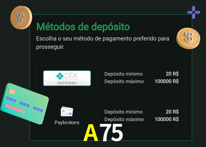 O cassino A75 oferece uma grande variedade de métodos de pagamento